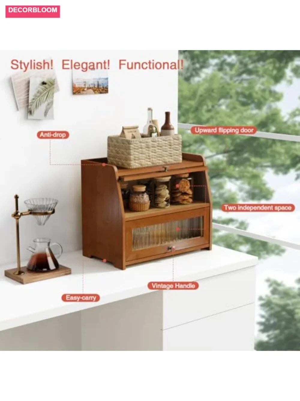 Wooden 2-Tier Bread Box with Bamboo Material and Ventilated Roll Top